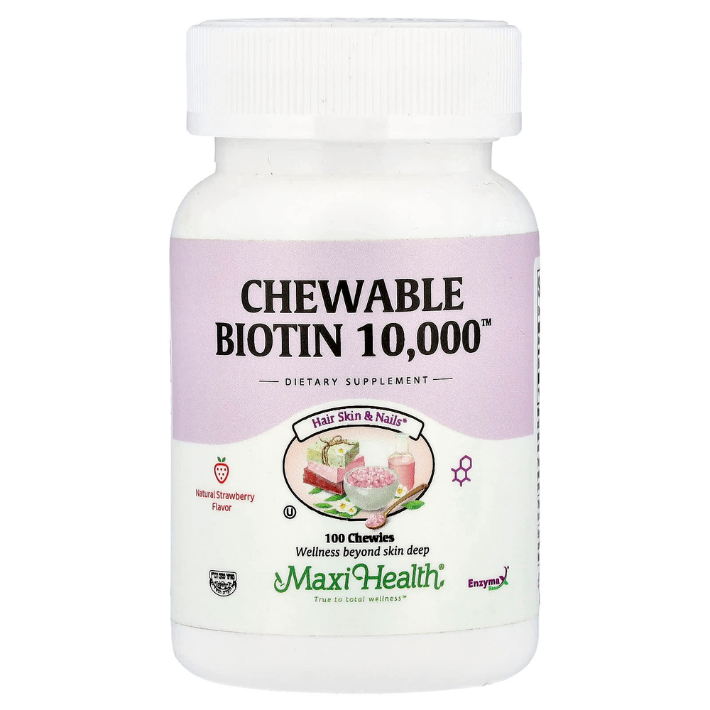Maxi Health, Жевательные таблетки с биотином 10 000 ™, натуральная клубника, 10 000 мкг, 100 жевательных таблеток