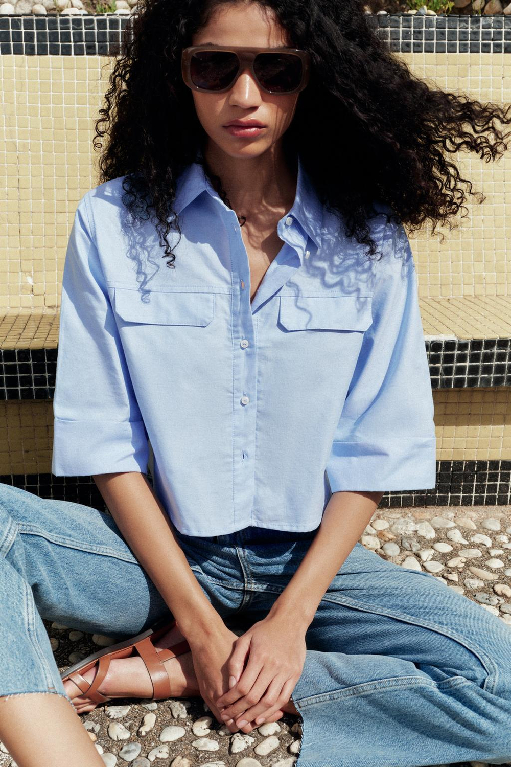 ZARA РУБАШКА ОКСФОРД CROPPED, ГОЛУБОЙ