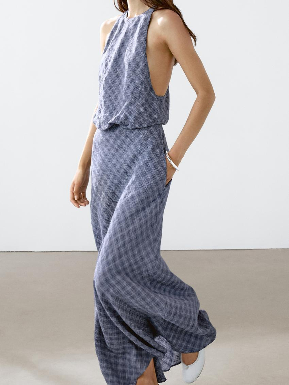 Massimo Dutti Длинное платье в клетку с декоративной отделкой сзади, чернильно-синий