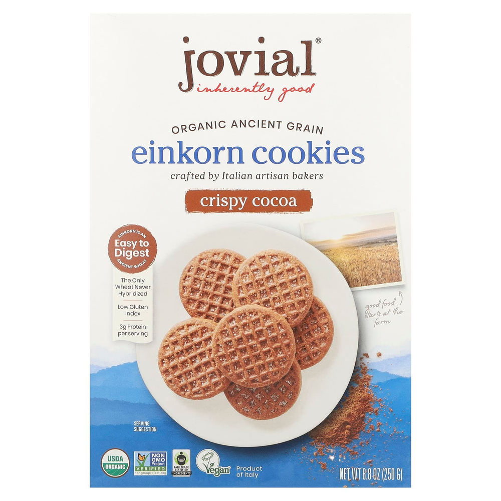 Jovial, Органическое печенье из пшеницы-однозернянки, хрустящее, с какао, 8,8 унций (250 г)