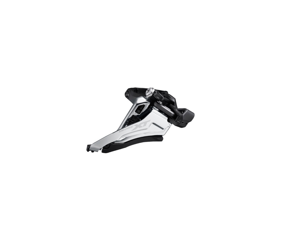 Переключатель передний Shimano Deore XT, M8100, 2x12 скоростей, верхняя тяга, 38T, средний хомут 34.9мм, угол наклона 66-69°, черно-серебристый, без упаковки