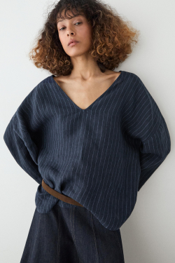 Massimo Dutti Льняная блуза в полоску с деталью на спине, темно-синий