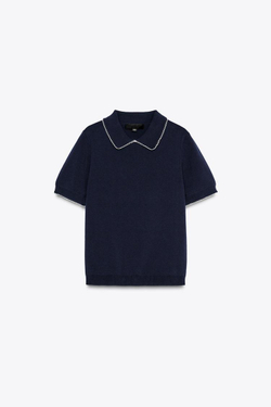 ZARA ТРИКОТАЖНЫЙ ТОП С ОКАНТОВКОЙ, МОРСКОЙ СИНИЙ