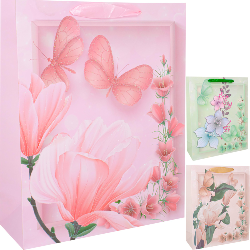 Пакет 26х32х10см с блестками Бабочки в цветах 141V-953