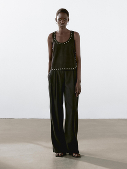 Massimo Dutti Брюки прямого кроя из смесового льна с защипами, черный