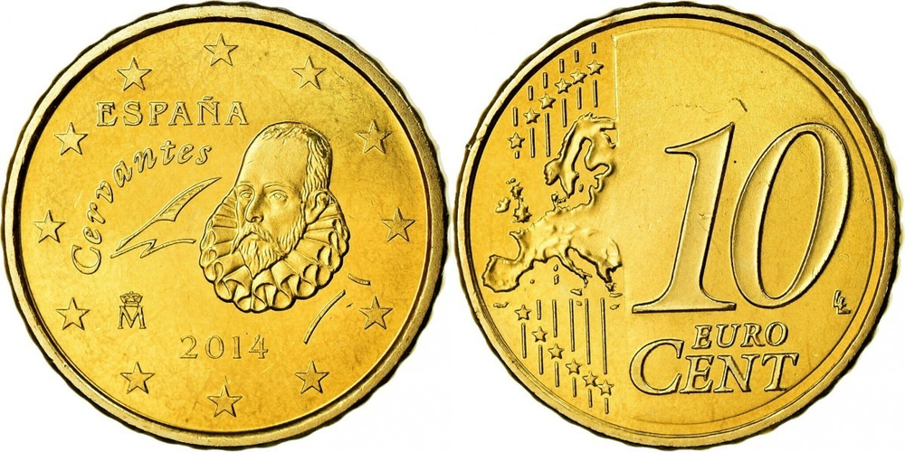 Испания 10 евроцентов, 2010-2024 Мигель Де Сервантес XF