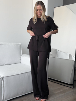 Комплект вязаный, удлиненная футболка на завязке и брюки