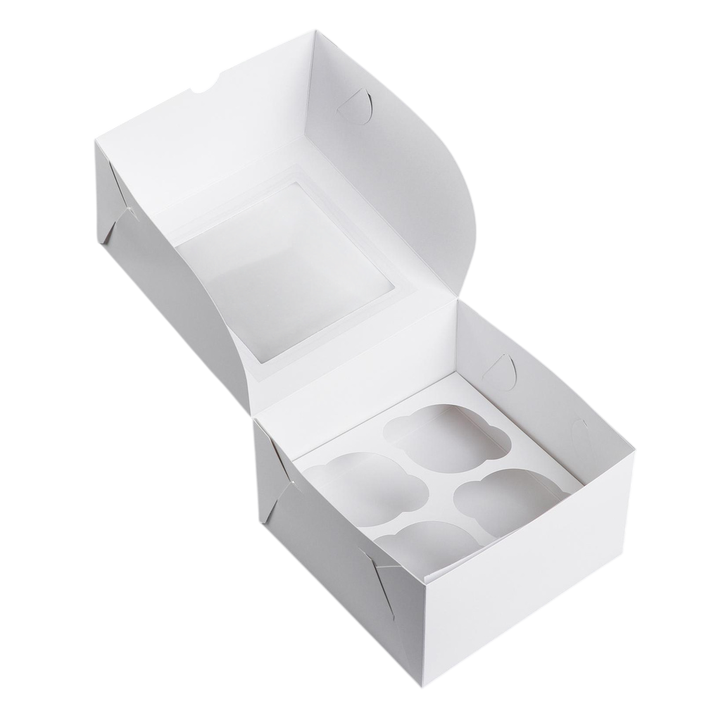 Коробка для капкейков с окном, 4 ячейки, белая 17x17x9 см