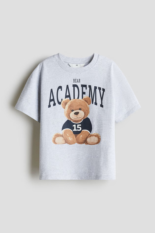 H&M Хлопковая футболка оверсайз с принтом, серый меланж