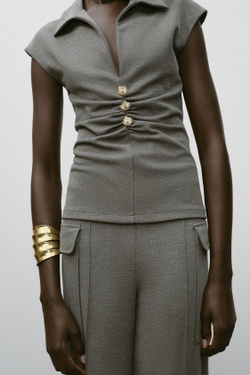 ZARA ТОП ИЗ ПИКЕ С ПУГОВИЦАМИ, АНТРАЦИТОВО-СЕРЫЙ