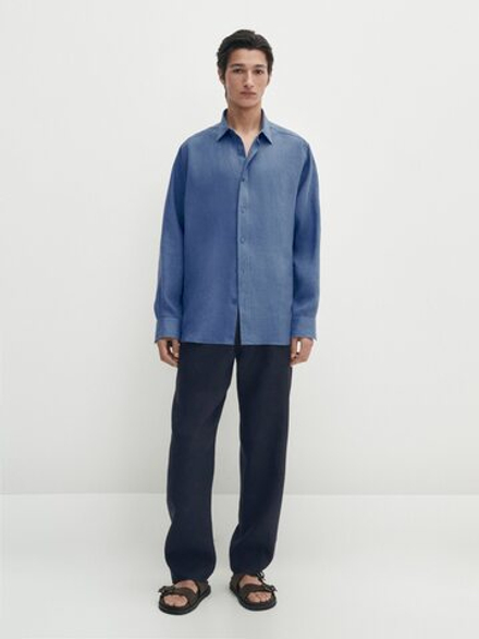 Massimo Dutti Рубашка классического кроя из 100% льна, светло-синий