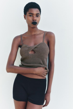 ZARA ОДНОТОННЫЙ ТРИКОТАЖНЫЙ ТОП ИЗ СМЕСОВОГО ЛЬНА С УЗЛОМ, ТЕМНЫЙ ХАКИ