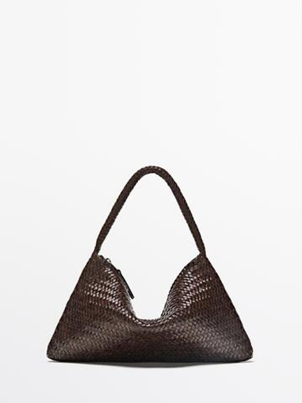 Massimo Dutti Маленькая плетеная кожаная сумка через плечо, коричневый