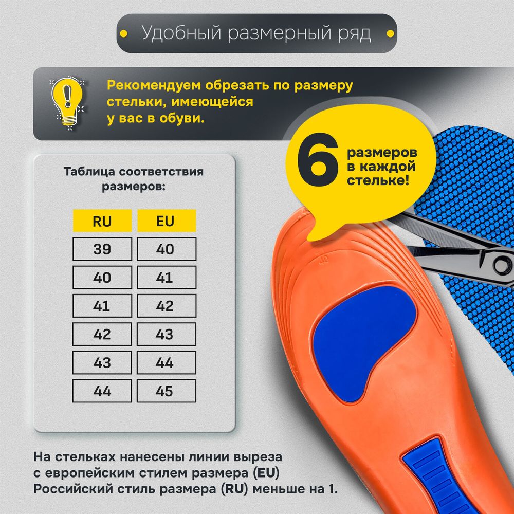 Стельки для обуви с супинатором АНАТОМИЧЕСКИЕ, материал EVA PRO, размер RU 39-44 / EU 40-45, с линиями выреза, SHEGRA (ШЕГРА), 700771