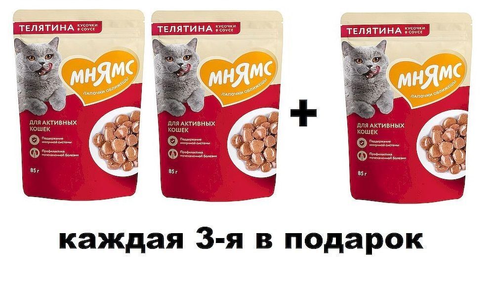 Влажный корм для активных кошек Мнямс Кусочки в соусе с телятиной, Пакет 85 г ПРОМО 2+1