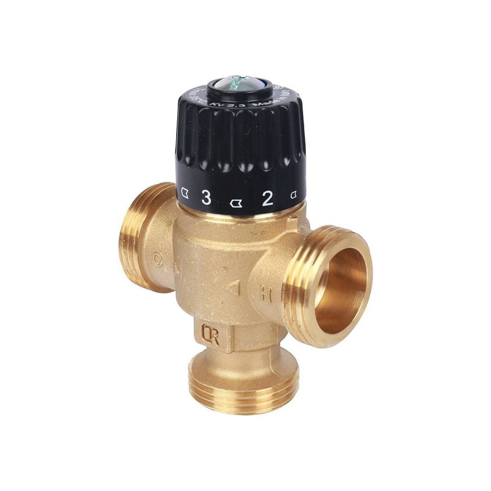 Клапан термостатический смесительный STOUT - 1" (НР, 30-65°C, Kvs 2.3, T-образное смешивание)