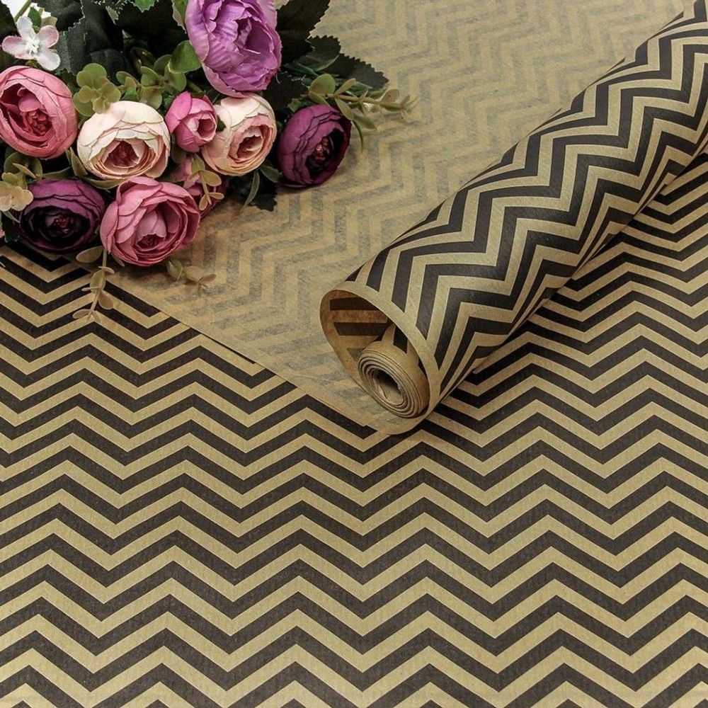 Упаковочная бумага, Крафт 40гр (0,7*10 м) Верже, Зигзаги Молния, Черный, 1 шт.