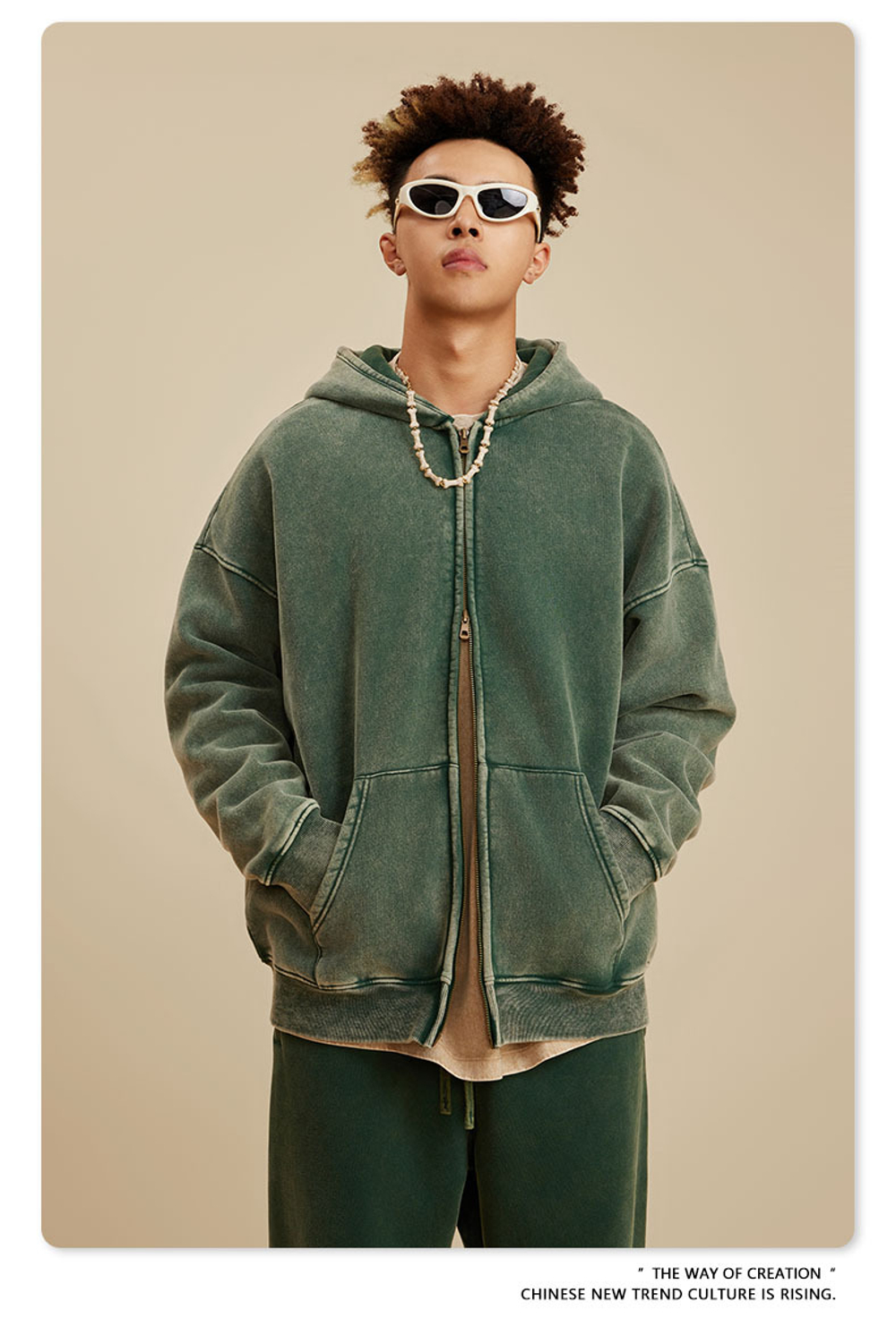 Американский модный брендовый костюм мужской зелёного цвета с эффектом потёртости с капюшоном и двойной молнией для мужчин.