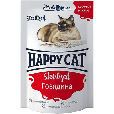 Влажный корм для стерилизованных кошек Happy Cat Кусочки говядины в соусе, Пауч 85 г