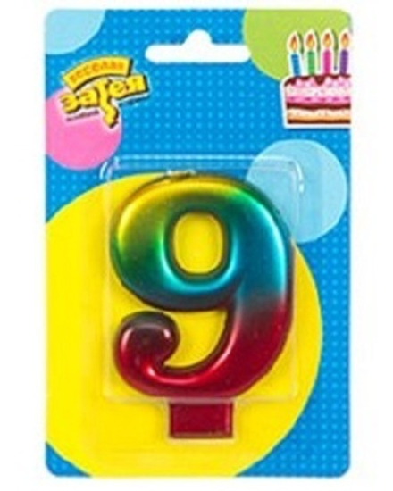 Свеча -цифра "9" Радуга металлик 8см/V