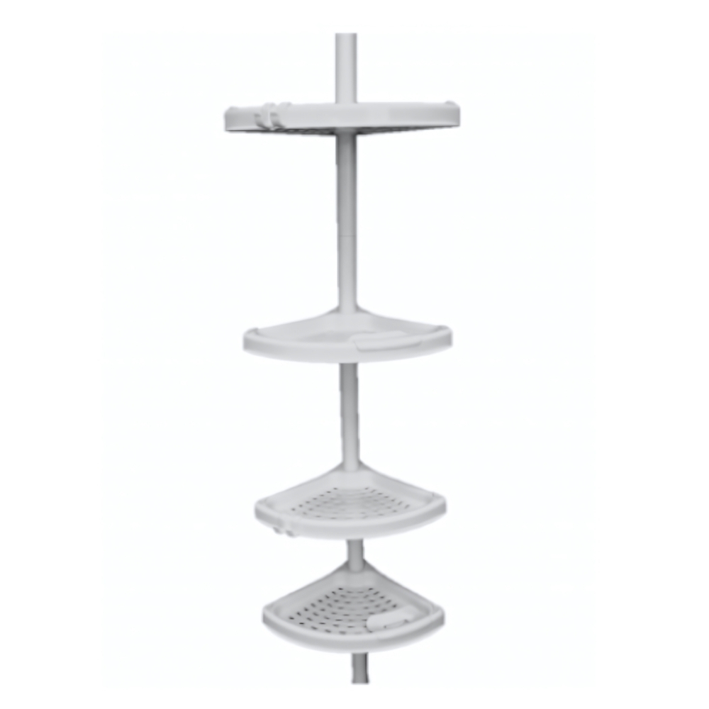 Полка угловая для ванной комнаты №2 телескопическая пластиковая труба, 4 полки, 2 крючка цвет белый