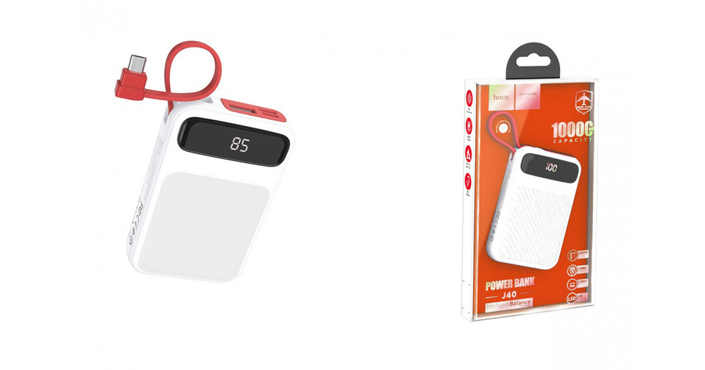 Power Bank 10000mAh, 2 USB, Hoco J40, белый
