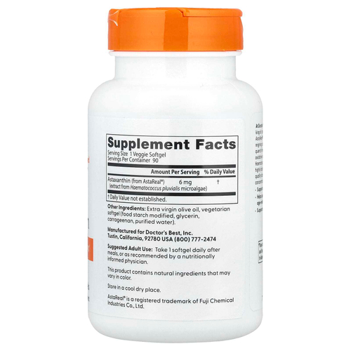 Doctor's Best, астаксантин, 6 мг, 90 растительных капсул