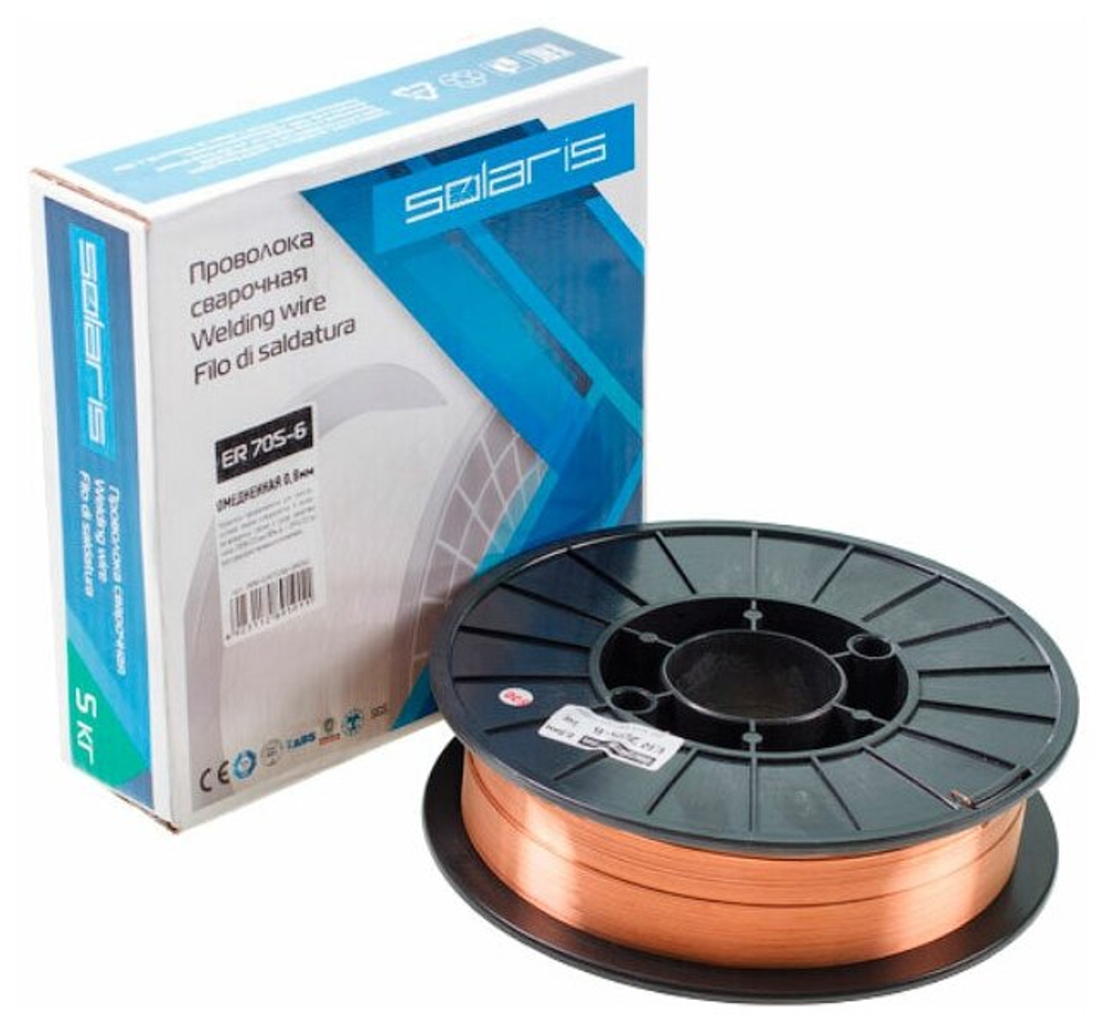 Проволока сварочная омедненная ER 70S-6 ф0,8мм (катушка D200 5 кг) Solaris WM-ER70S6-08050