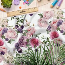 Ткань оксфорд 600 розово-фиолетовые пионы