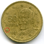 50 евроцентов 2002 год. Греция. Регулярный выпуск. Тип 1 (Разновидность - звезда c F - Франция). Нордик VF-XF