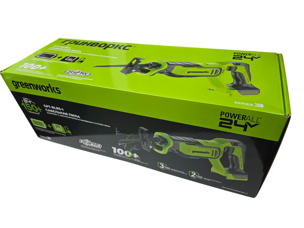 Пила сабельная акк. Greenworks GPT-BLRS-1, 24V, б/щет, 0-3000/мин, рез 115 мм дер.,1х2Ач,ЗУ,кор (1200607CUA)