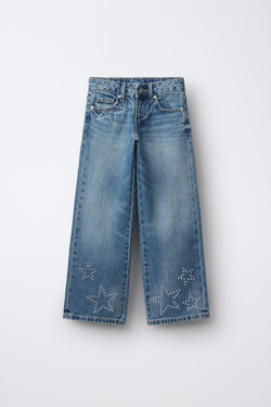 ZARA ДЖИНСЫ WIDE LEG СО СТРАЗАМИ «ЗВЕЗДЫ», СИНИЙ