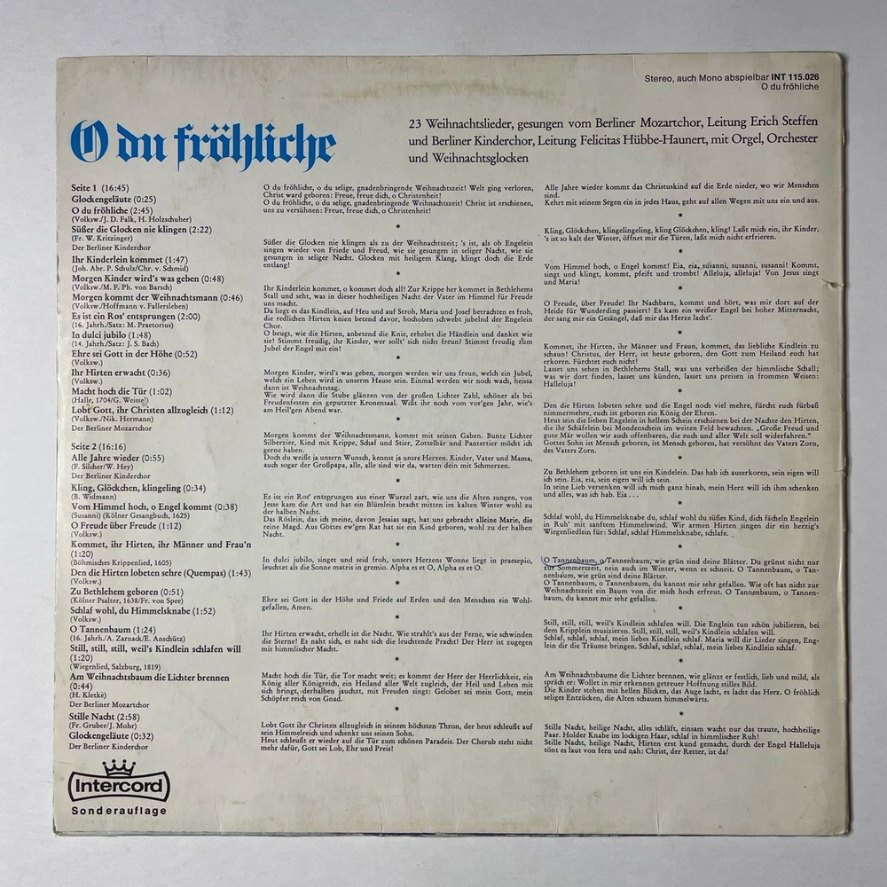 Винтажная виниловая пластинка LP Сборник Немецкие Рождественские песни O Du Frohliche (Germany 1978)