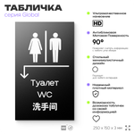 Табличка Туалет налево и налево, на дверь и стену, информационная и мультиязычная (русский, английский, китайский), серия GLOBAL, 25х15 см, Айдентика Технолоджи