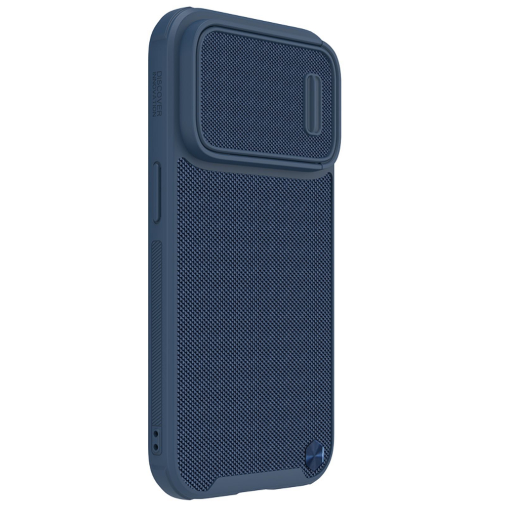 Чехол текстурный синего цвета для iPhone 14 Pro Max, Nillkin серия Textured Case S Magnetic Case, c поддержкой беспроводной зарядки MagSafe и полуавтоматический механизм сдвижной шторки
