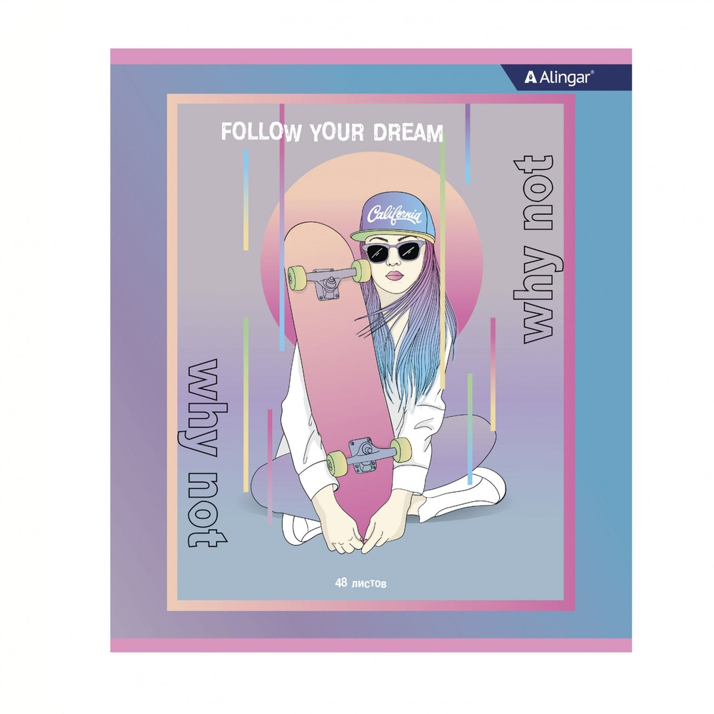 Тетрадь 48л., А5, клетка, Alingar "Positive girls", скрепка, мелованный картон (стандарт), блок офсет, 4 дизайна в пленке т/у