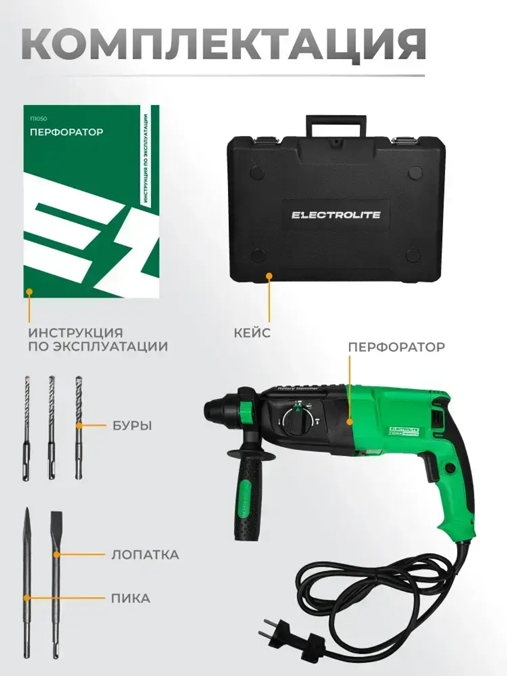 Перфоратор электрический ELECTROLITE П 1050 С НАБОРОМ 3 в 1 ( 1050 Вт, 4 Дж, 3 режима, SDS +, кейс, набор буров )