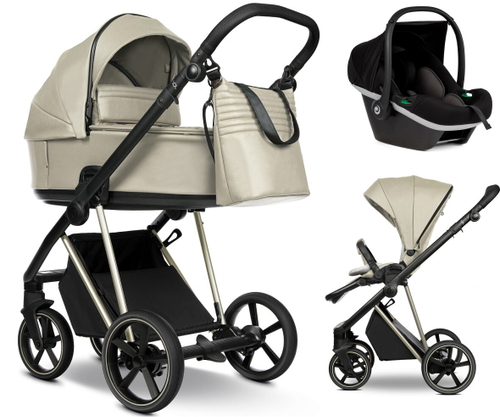 Детская коляска Roan Sol Vintage Luxury Leather 2.0 3 в 1 с автокреслом Tutis Elo Black VEGA11DB Almond Sugar /Champagne/руч.Champagne
