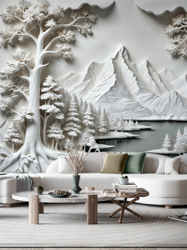 3D Объемные фотообои пейзаж и деревья белые