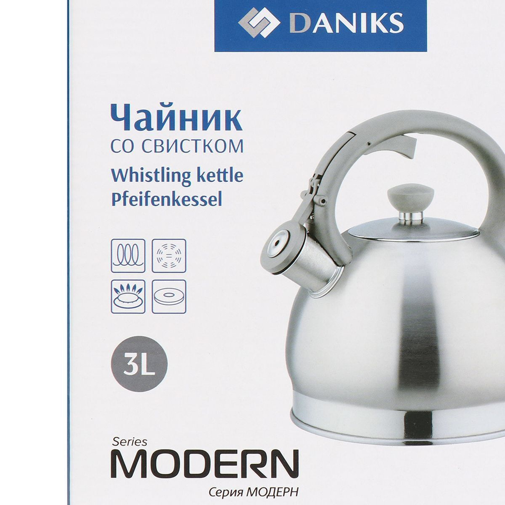 Чайник нерж, 2 л, свист, ручк бакелит, с силик покр, Daniks, Модерн, индукц, M-006