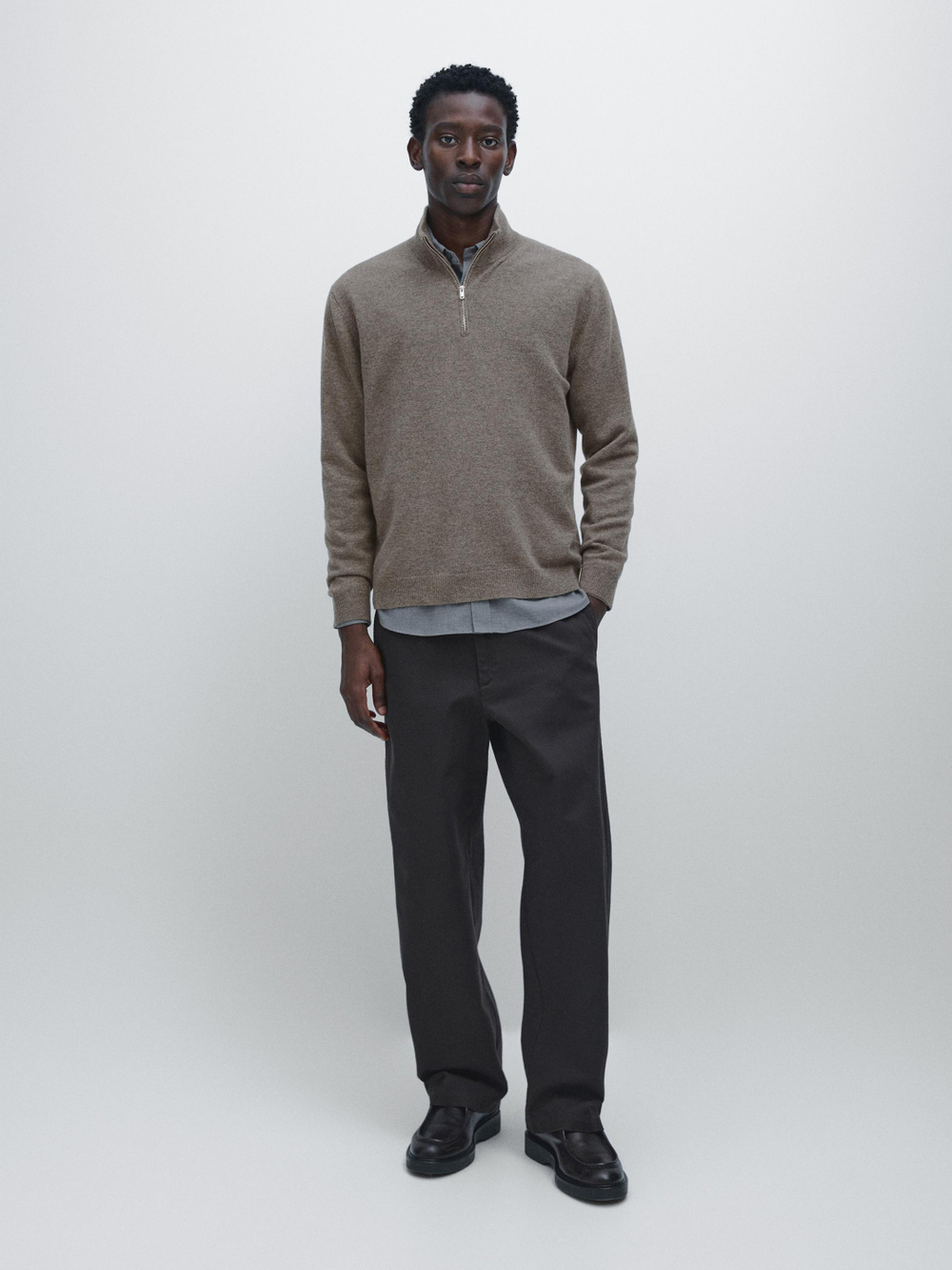 Massimo Dutti Свитер с воротником-стойкой и застежкой-молнией, темный хаки