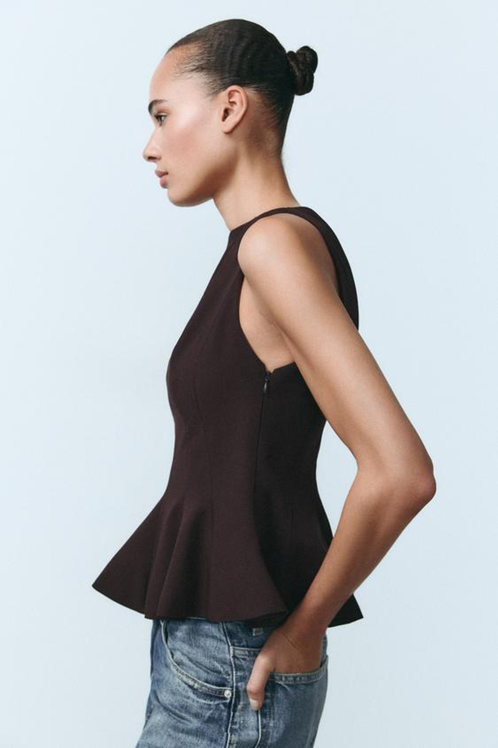 ZARA ТОП С БАСКОЙ, ТЕМНО-БАКЛАЖАНОВЫЙ