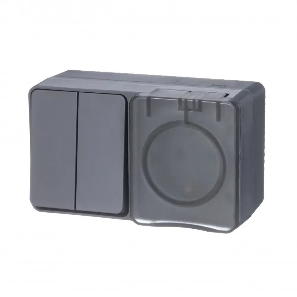 ATLASDESIGN PROFI IP54 О/У БЛОК: РОЗЕТКА с заземл. со шт., 16А, ВЫКЛЮЧАТЕЛЬ 2-клав., 10АХ, АНТРАЦИТ