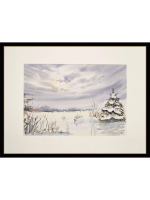 Картина авторская акварельная в паспарту 30х40 см на стену для интерьера "Поздний рассвет. Зима"