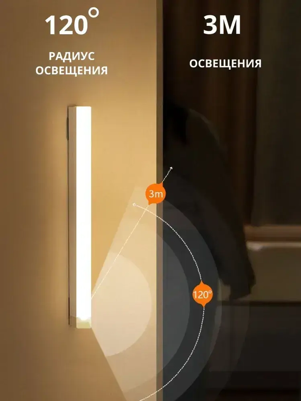 Беспроводной светодиодный светильник с датчиком движения на магнитном креплении, настенный, потолочный, 300 мм, лампа на аккумуляторе