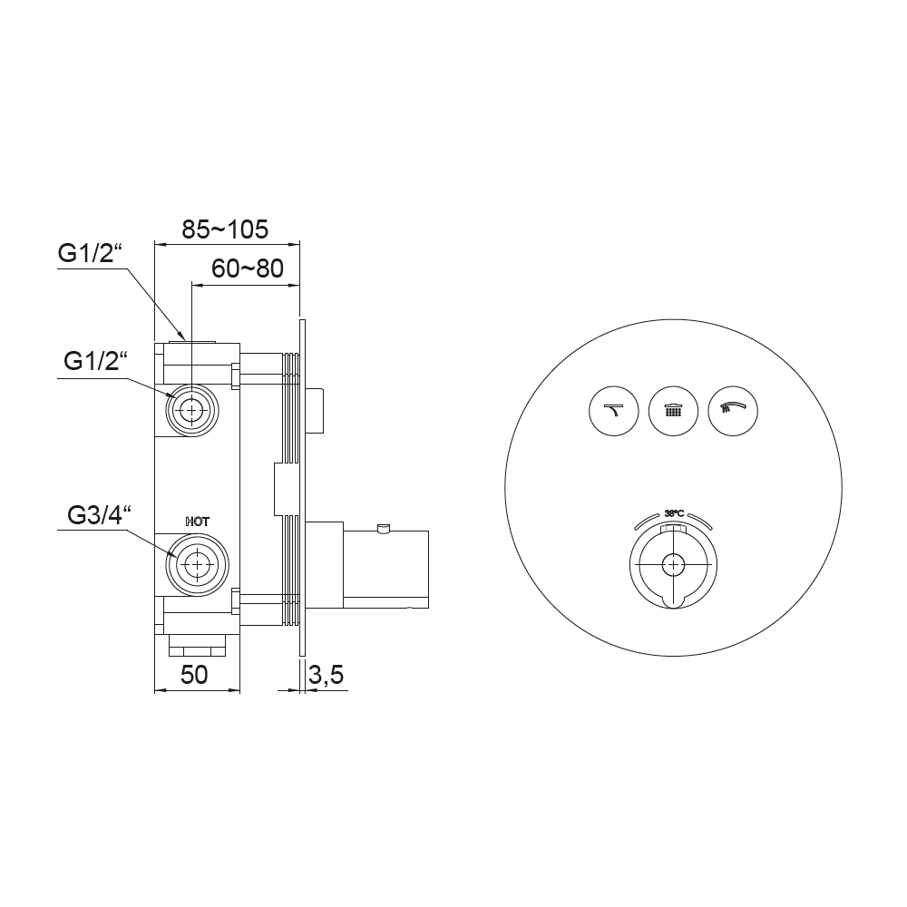 Термостатический смеситель Steinberg 390 встраиваемый с кнопками переключения на 3 потребителя, с регулировкой температуры воды, хром 390 4331