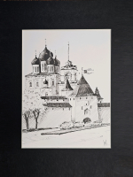 Картина, графика в паспарту 21х30 см на стену для интерьера "Псковский Кром"