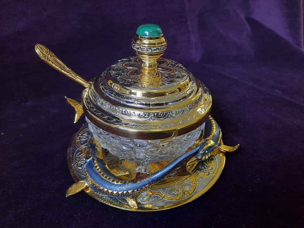 Икорница "Осётры", золото, хрусталь, никель, латунь