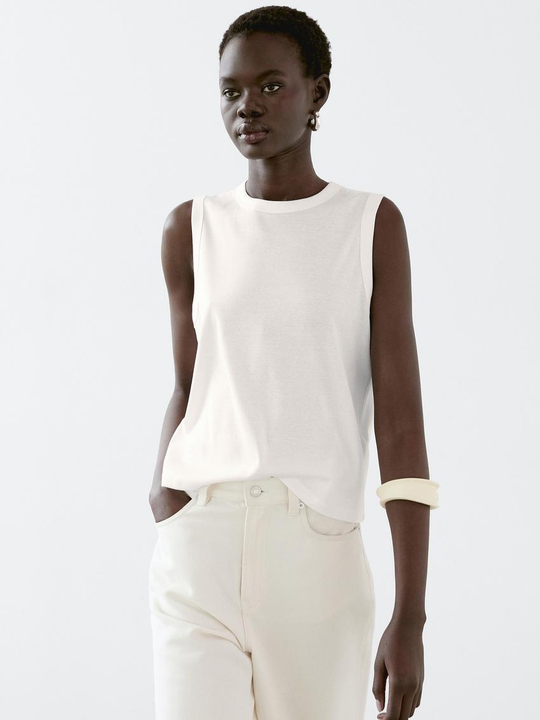 Massimo Dutti Футболка из 100% хлопка без рукавов, белый