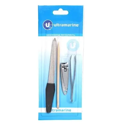 Маникюрный набор на блистере, 4 предмета «Ultramarine» (пилка металлическая, кусачки, апельсиновая палочка и пинцет)